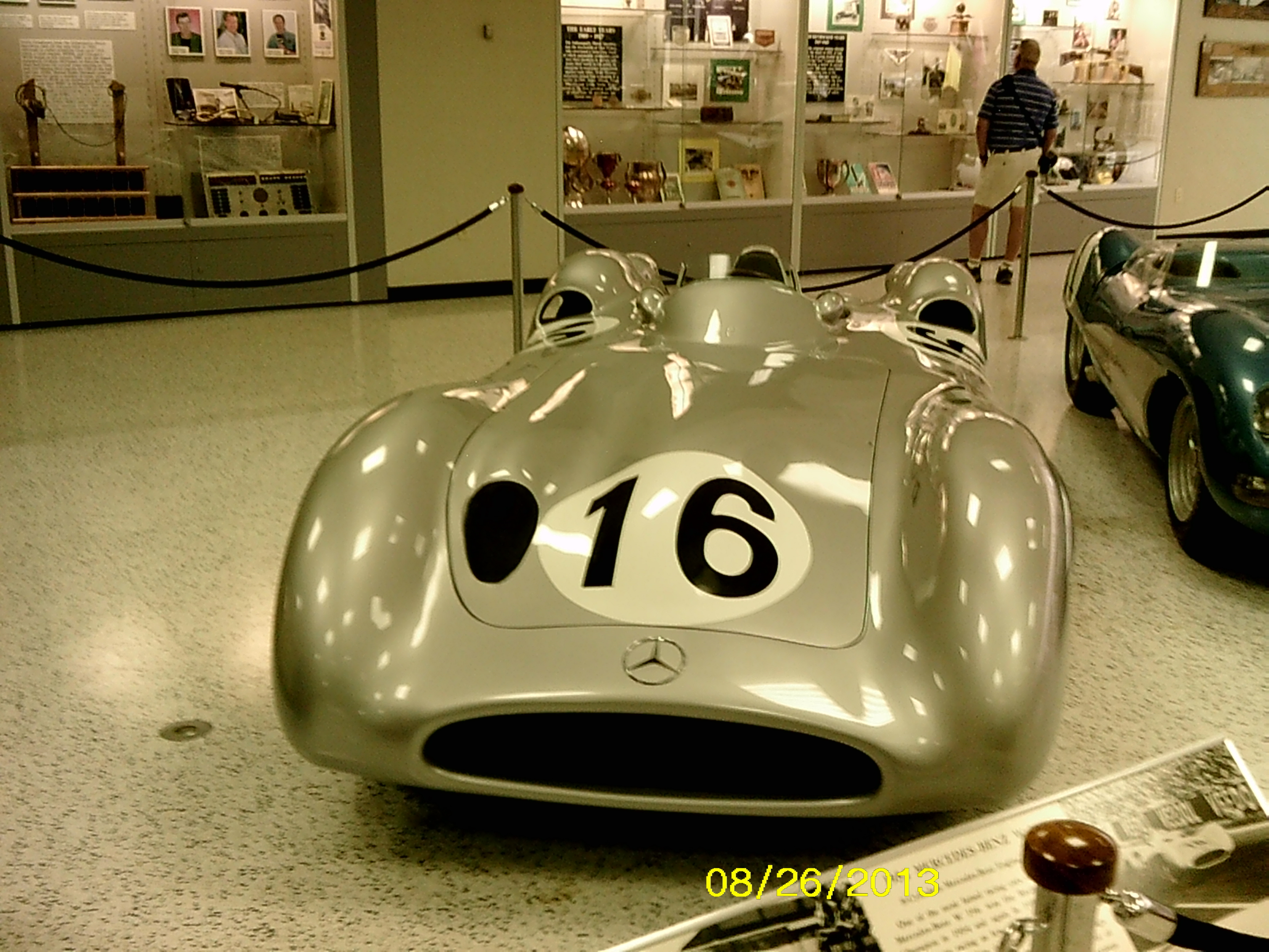 Silver Mercedes-Benz W 196 R streamliner chassis 00009/54 displayed as race number 16 at the Indianapolis Motor Speedway Museum in 2013.