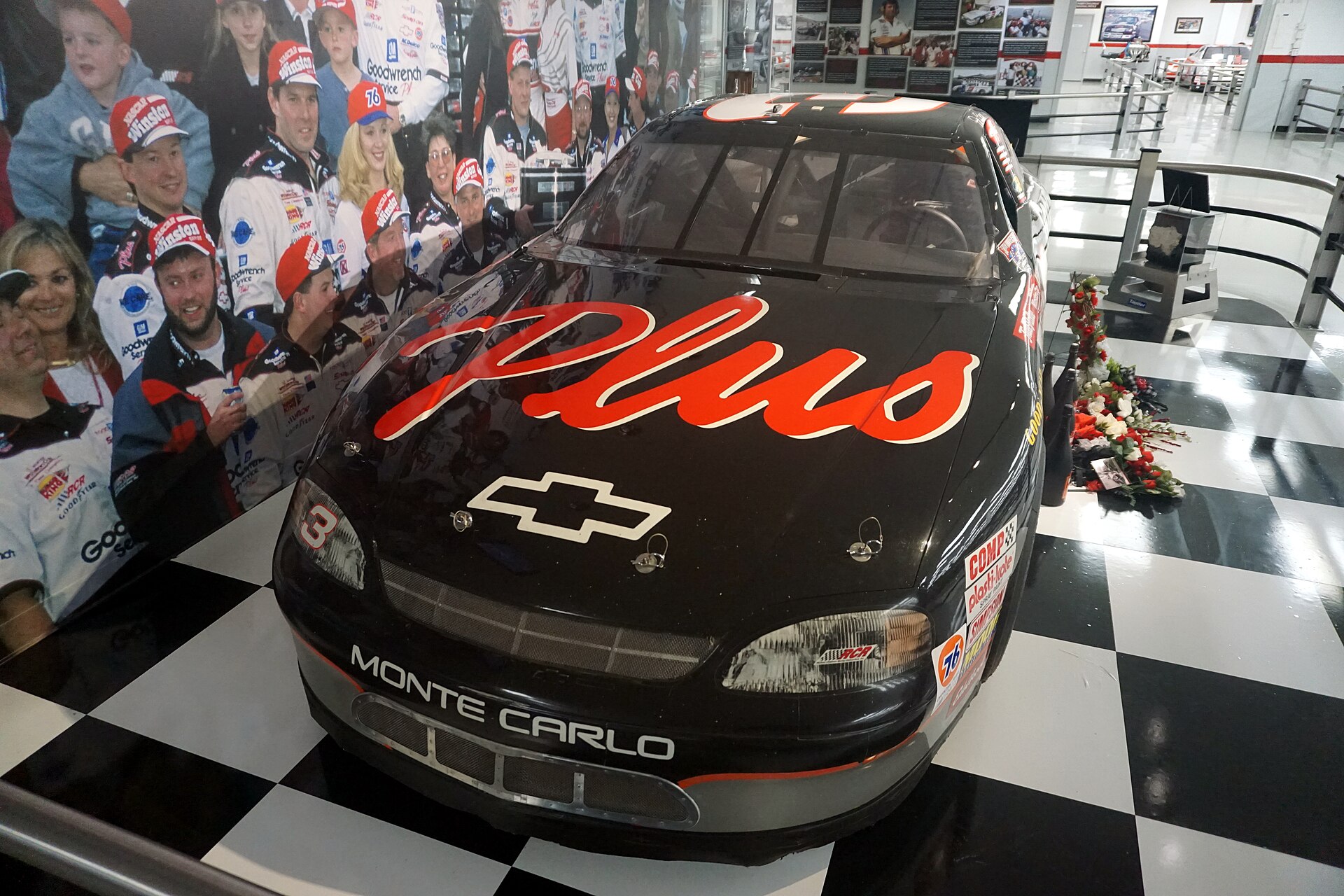 Dale Earnhardt’s black no. 3 Chevrolet Monte Carlo from the 1998 Daytona 500 displayed at the Richard Childress Racing Museum.