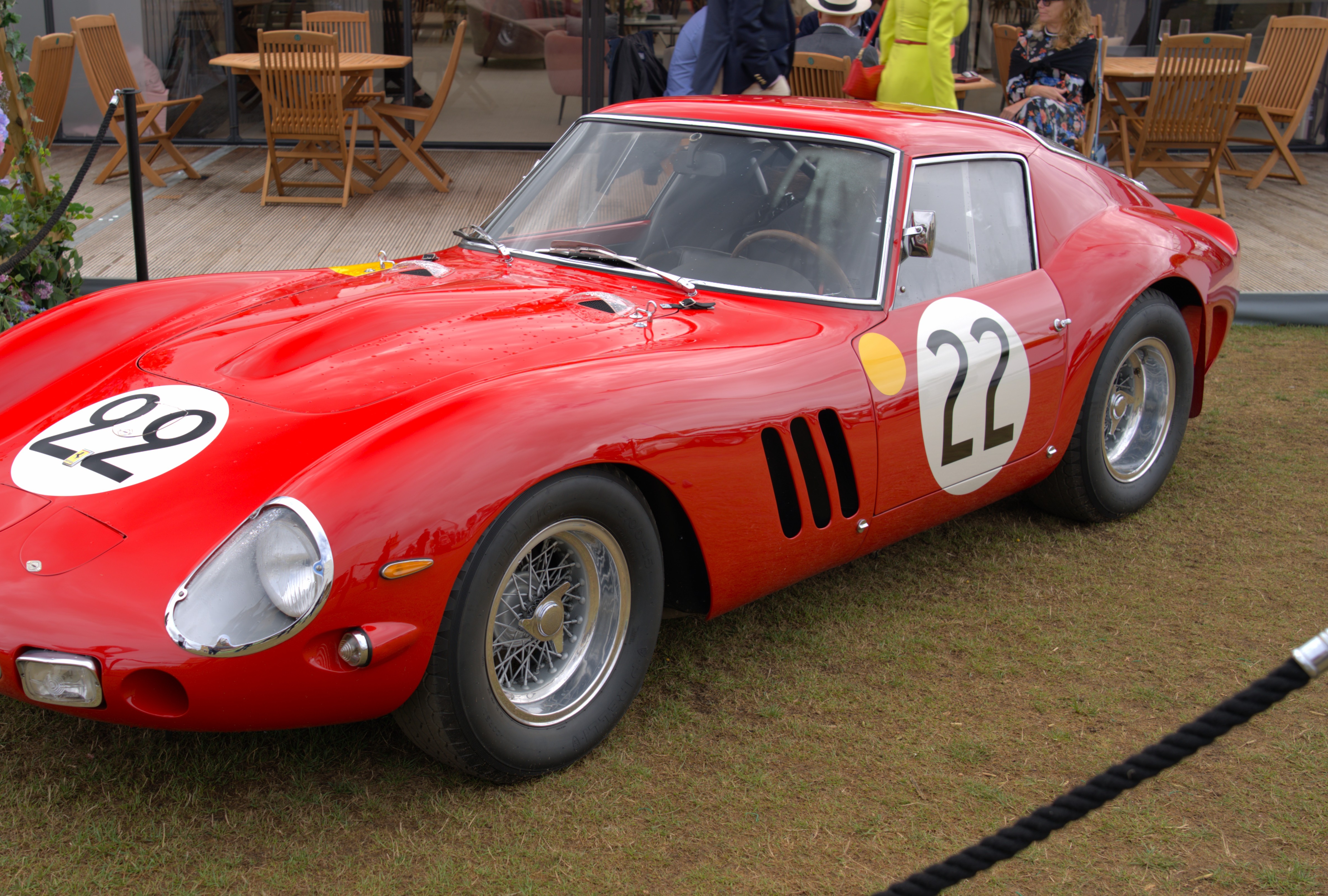 Nick Mason’s red Ferrari 250 GTO chassis 3757GT, wearing race number 22 at Salon Privé in 2025; the crop excludes its registration.