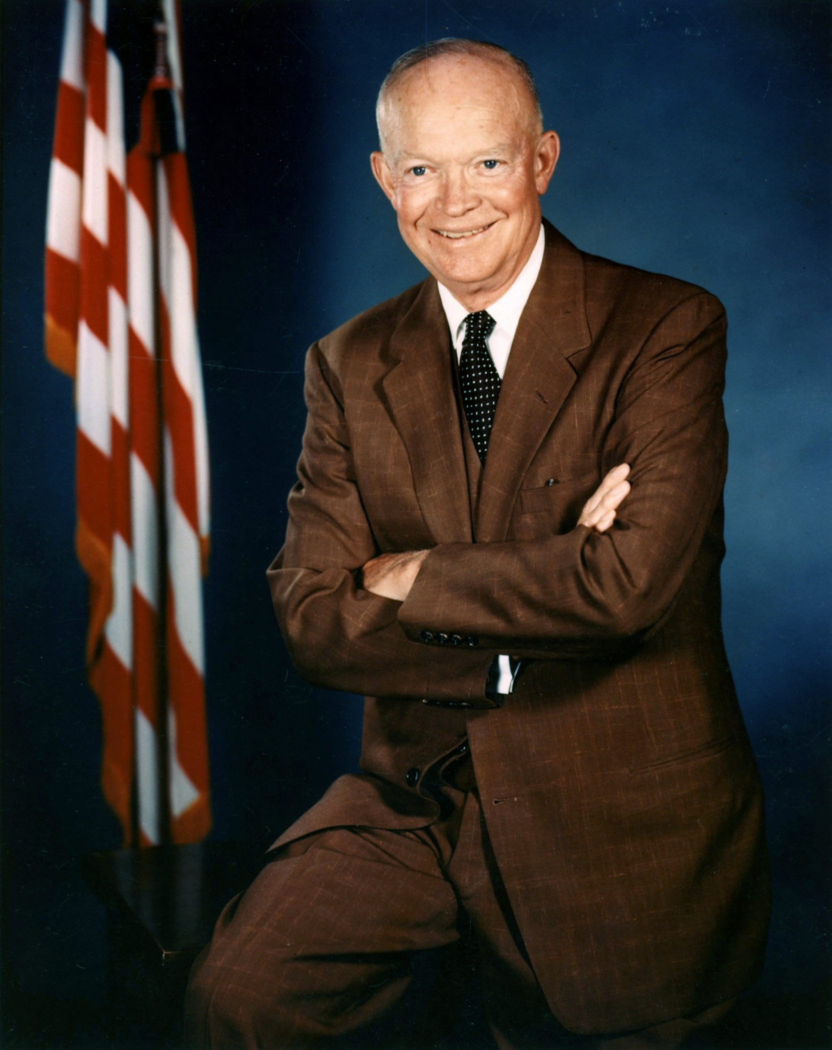 Official July 1956 color portrait of Dwight D. Eisenhower smiling in a brown suit beside a United States flag.